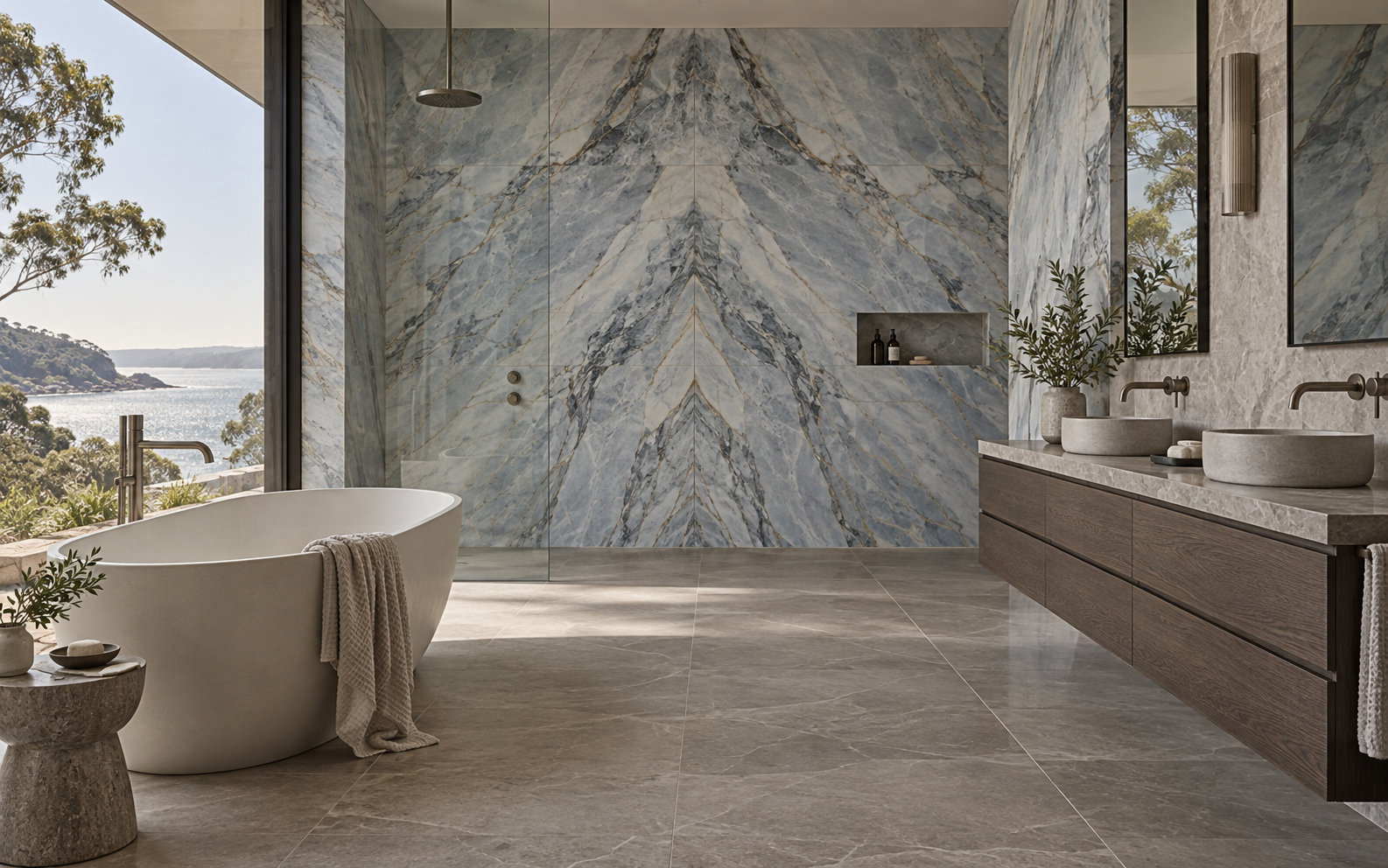 Luxury bathroom finished in bookmatched blue-grey marble
