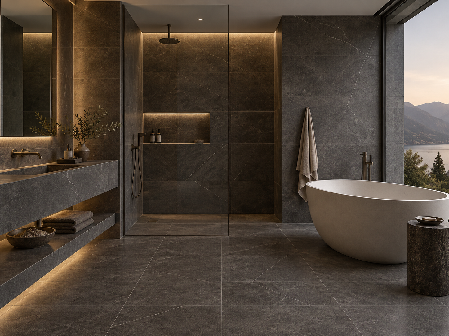Charcoal stone ensuite with integrated lighting