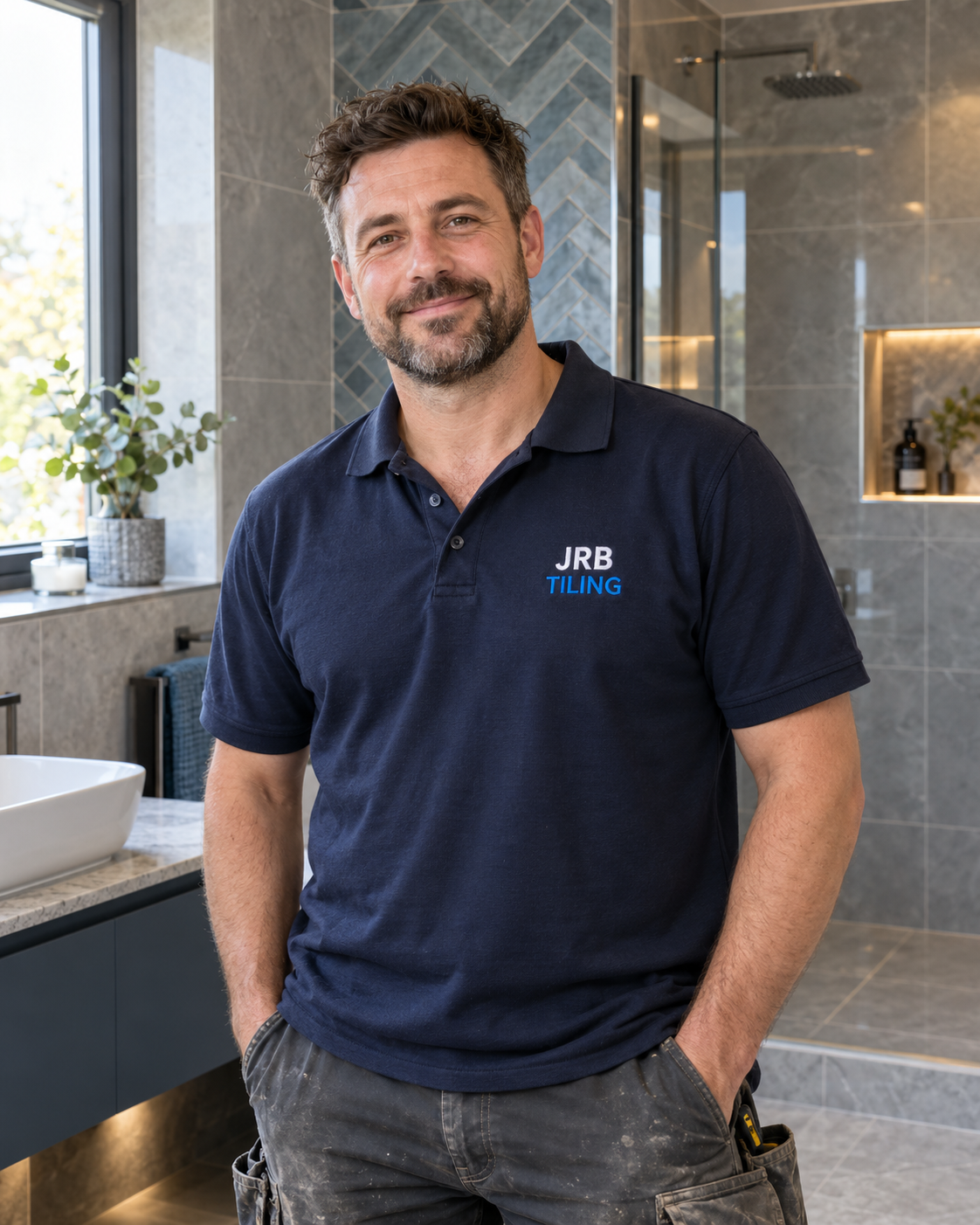 Illustrative stand-in portrait of a tiler wearing a JRB Tiling shirt